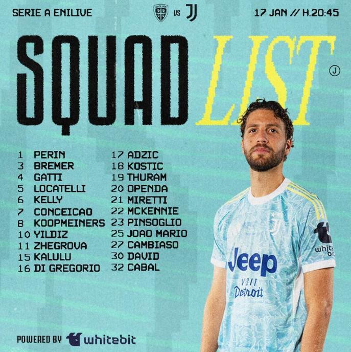 开云体育官网-尤文客战卡利亚里大名单：洛卡特利领衔，米利克继续伤缺